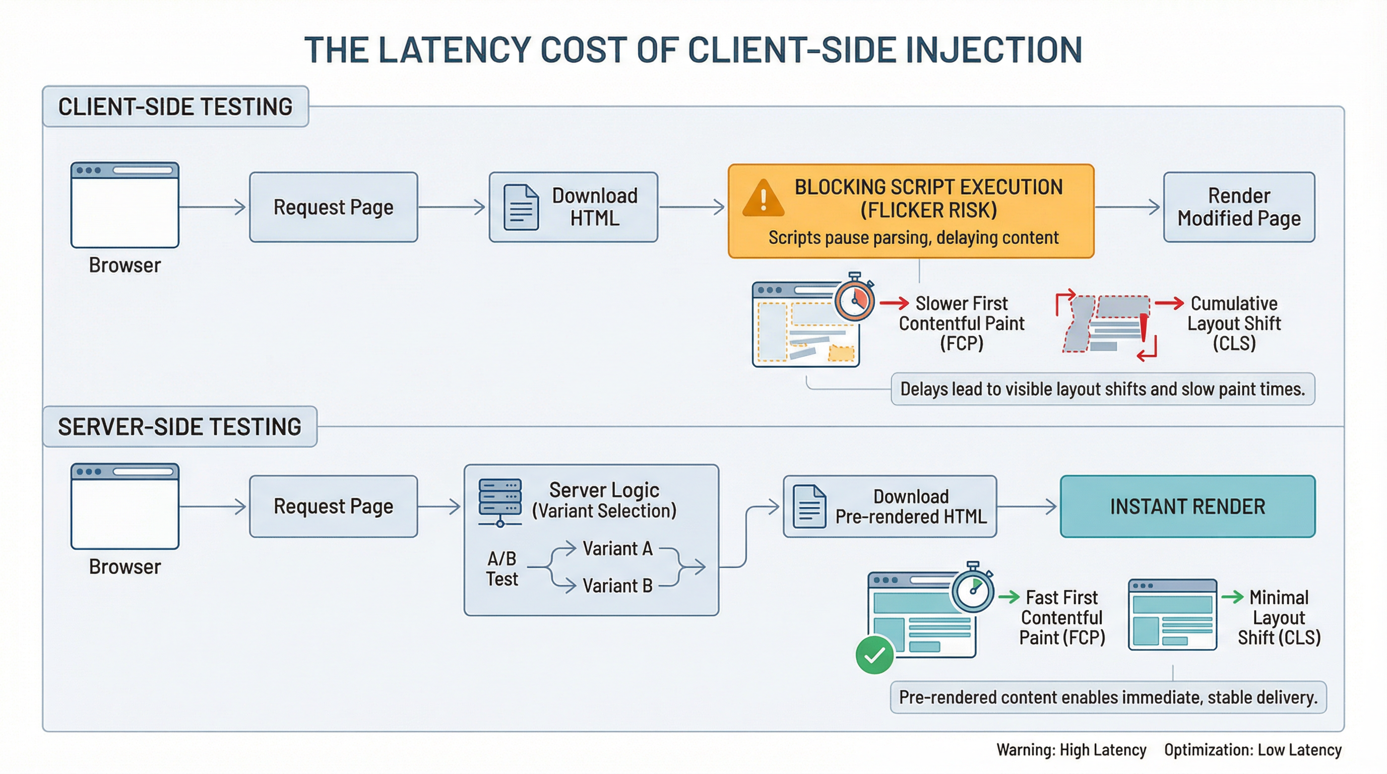 Diagram comparing Client-Side Injection latency vs Server-Side instant rendering
