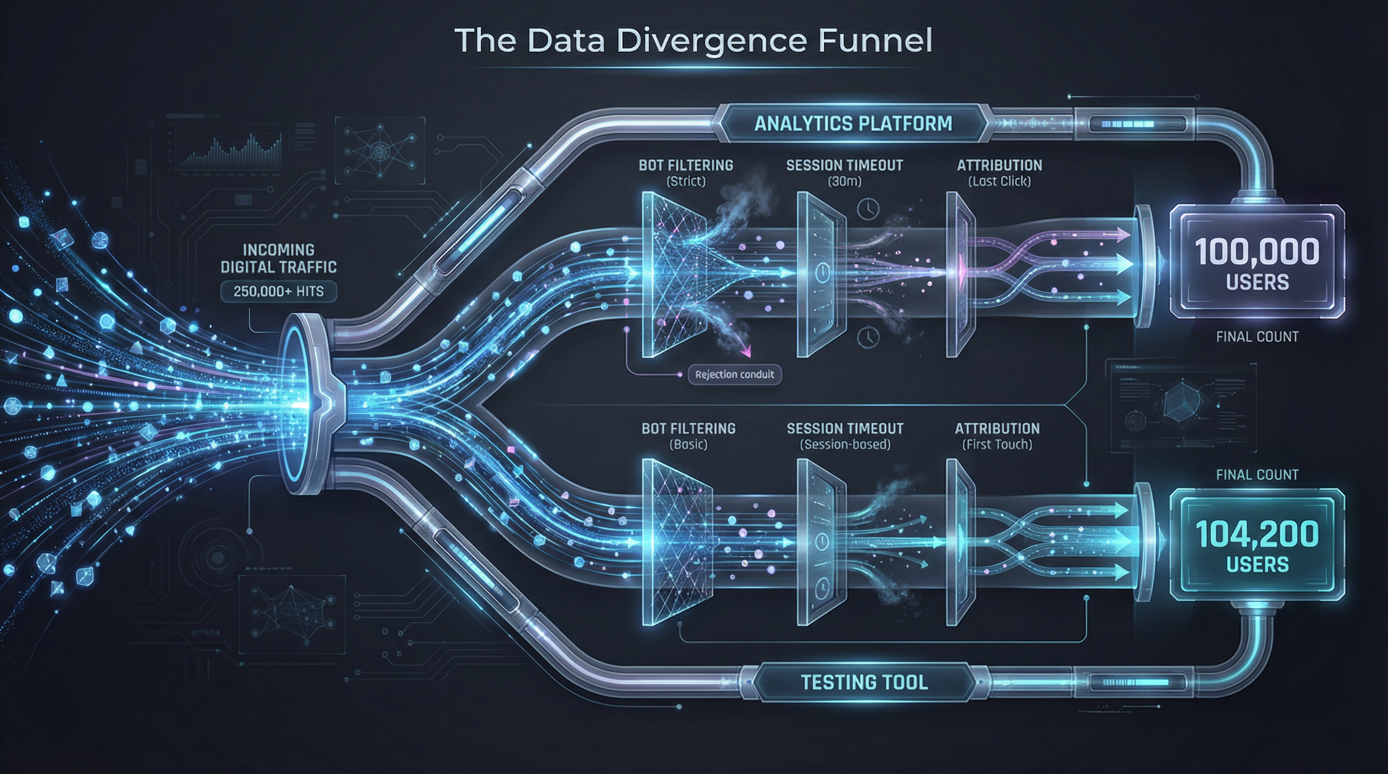 A diagram showing a single stream of traffic splitting into two pipelines (Analytics vs Testing), each applying different filters for Bot Detection, Session Timeouts, and Attribution, resulting in different final user counts.