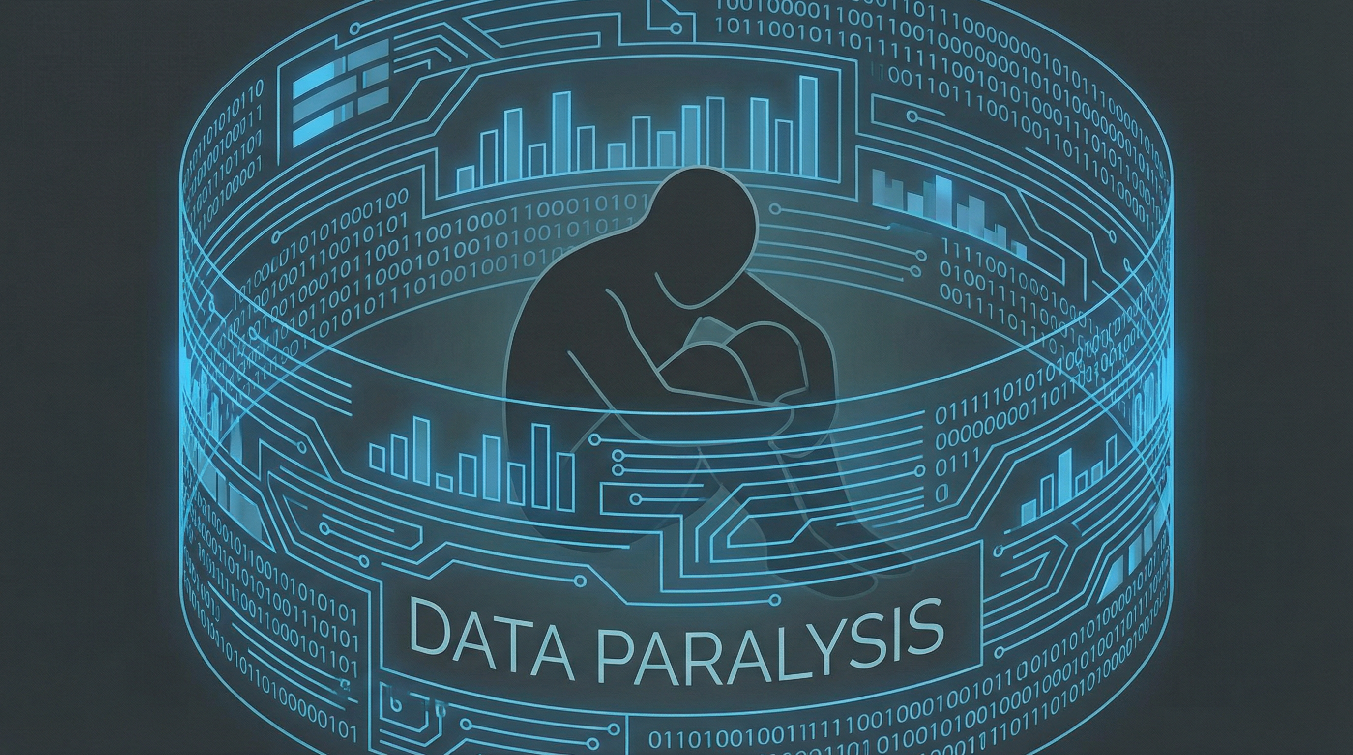 Abstract visualization of data paralysis showing a silhouette trapped by information overload