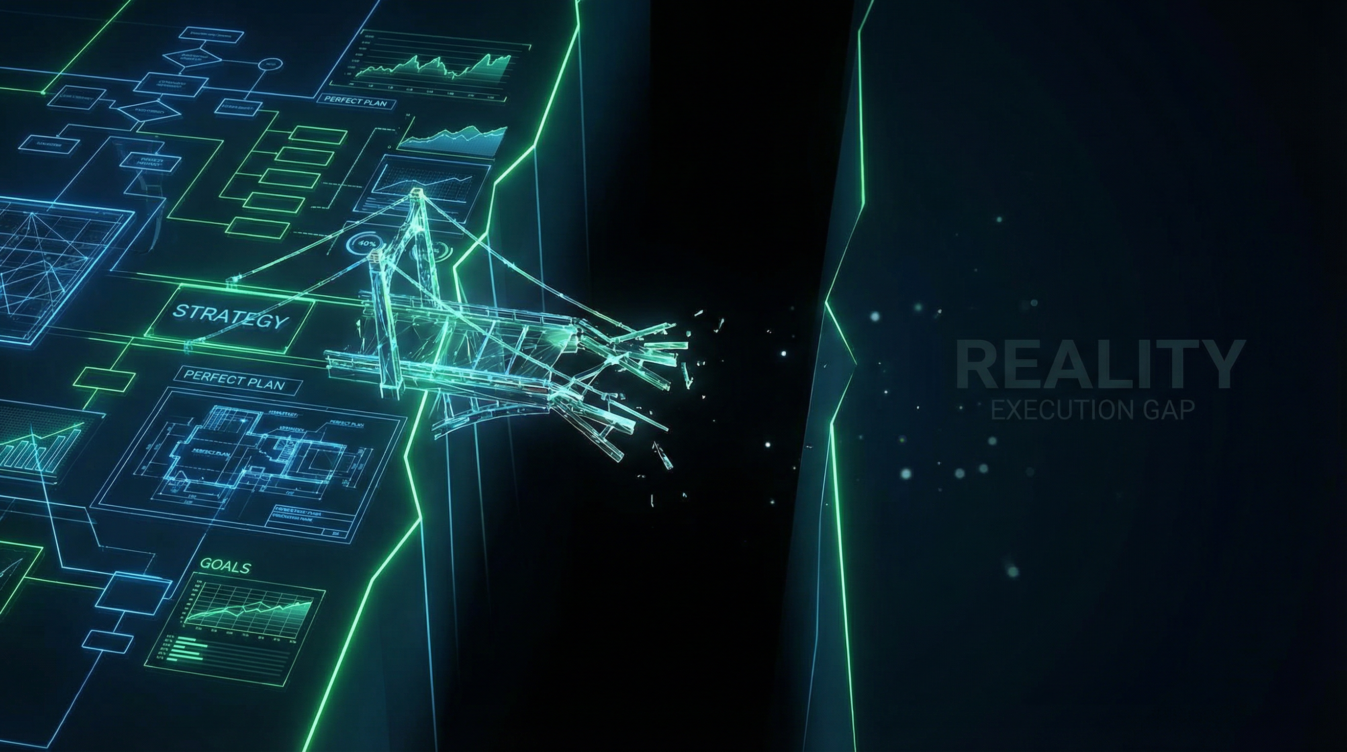 Visual representation of the execution gap showing a broken bridge between strategy and reality
