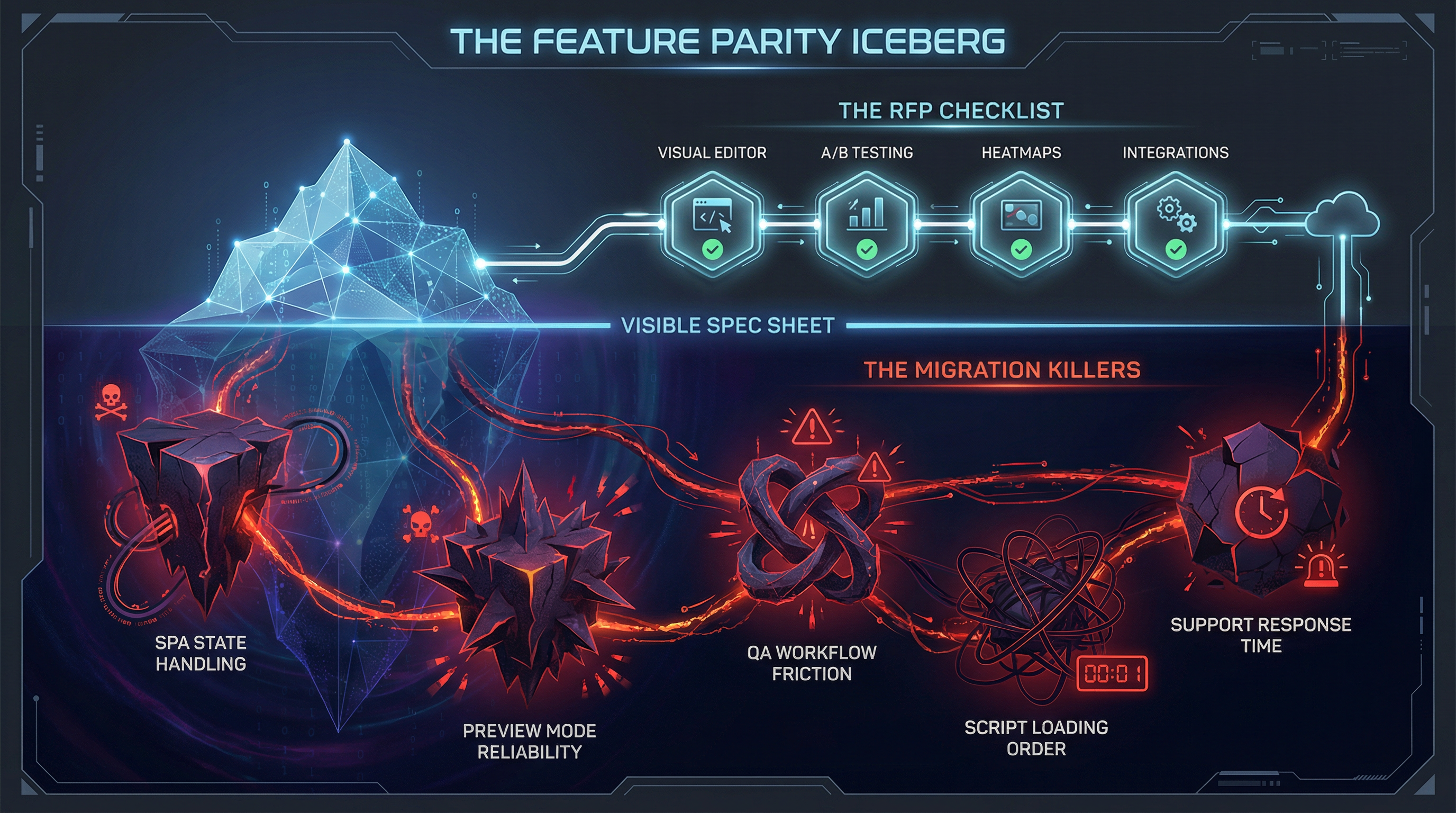 A diagram showing an iceberg. Above water is 'The RFP Checklist' with identical features like Visual Editor and A/B Testing. Below water are 'The Migration Killers' like SPA State Handling, Preview Mode Reliability, and QA Workflow Friction.