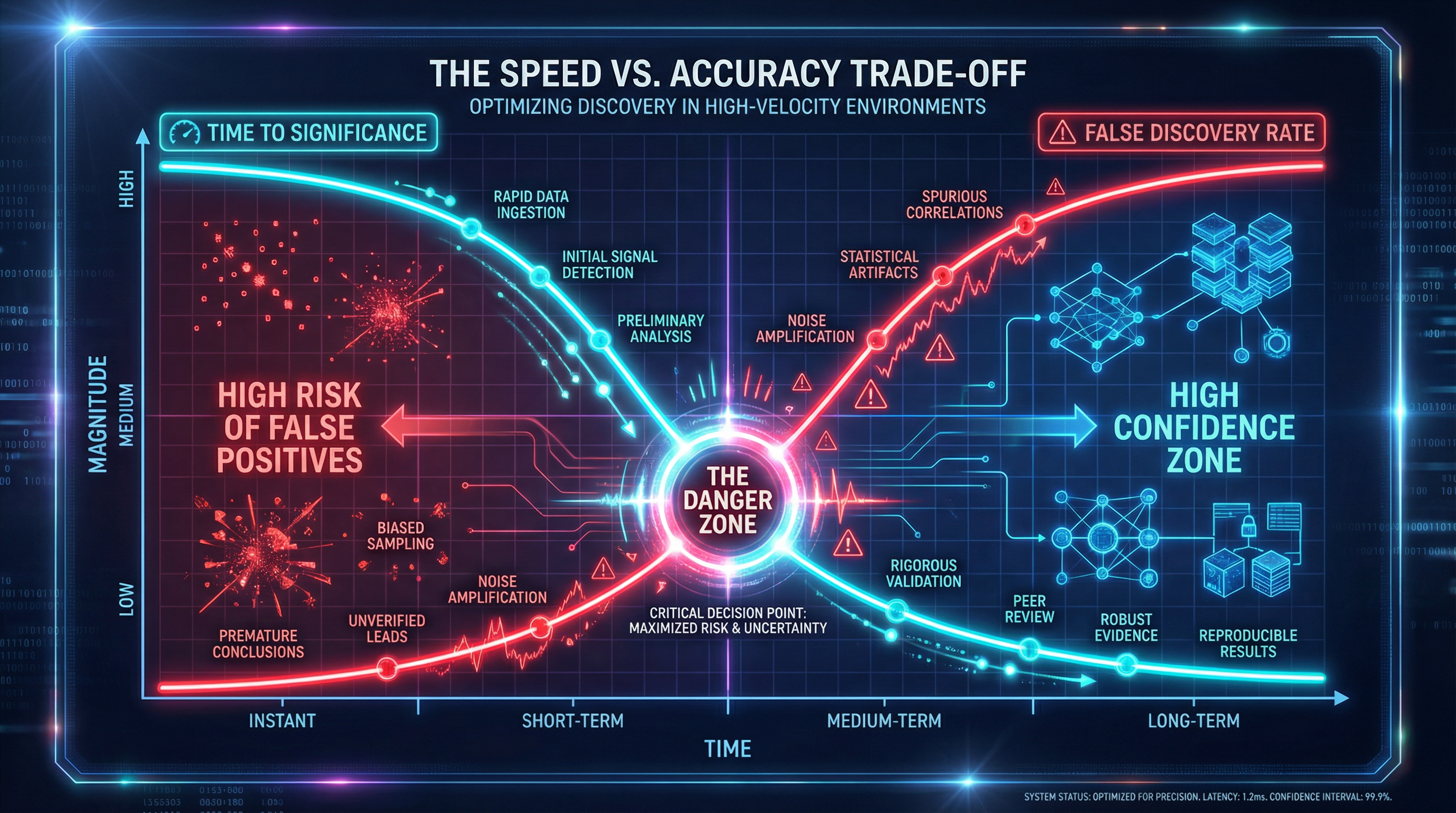 A chart showing two intersecting curves: 'Time to Significance' (dropping) and 'False Discovery Rate' (rising). The intersection is labeled 'The Danger Zone'. Fast results correlate with high risk of false positives.